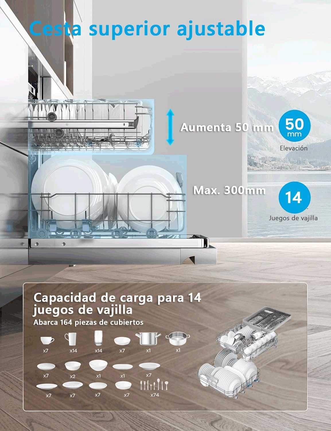 Lavavajillas Midea 60cm Inox 14 servicios 10 prog
