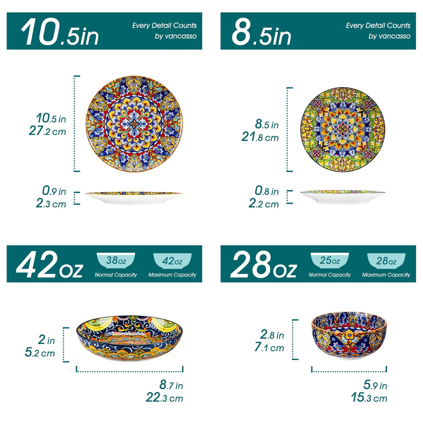 vancasso Juego de Vajilla Boho para 6 Personas, Vajillas Completas Coloridas de Porcelana de 24 Piezas – Incluye 6 Platos Llanos, 6 Platos de Postre, 6 Platos Hondos y 6 Cuencos de Cereales
