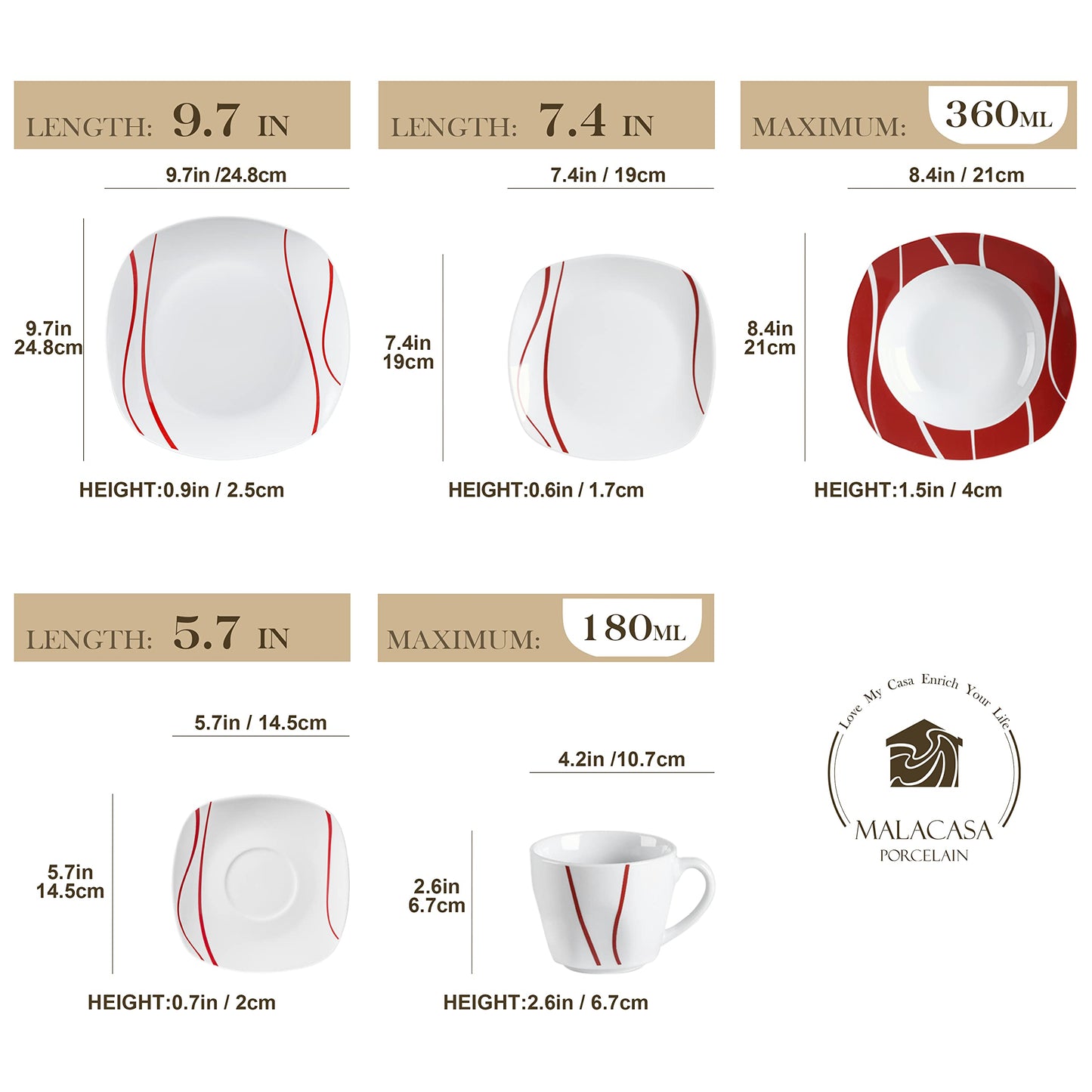 Juego Vajilla Malacasa 60 pcs Blanca y Roja