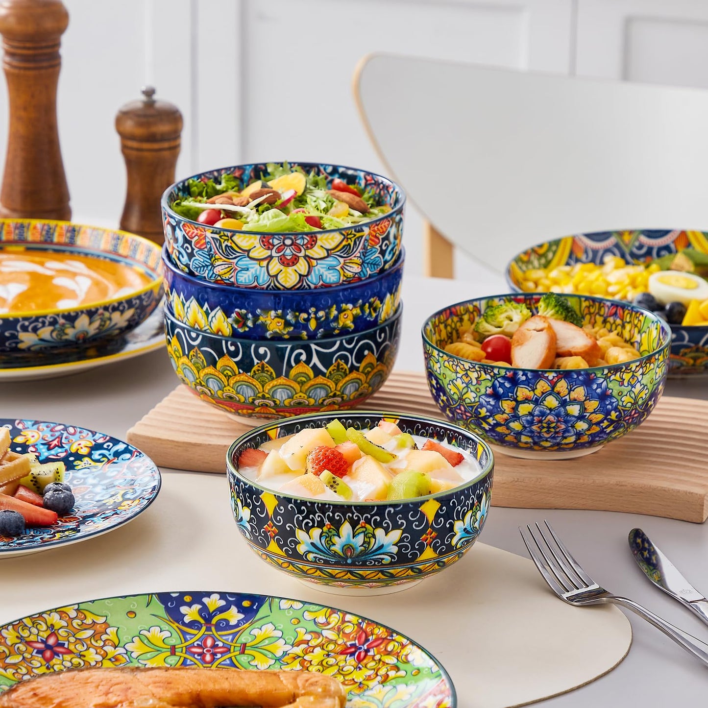 vancasso Juego de Vajilla Boho para 6 Personas, Vajillas Completas Coloridas de Porcelana de 24 Piezas – Incluye 6 Platos Llanos, 6 Platos de Postre, 6 Platos Hondos y 6 Cuencos de Cereales