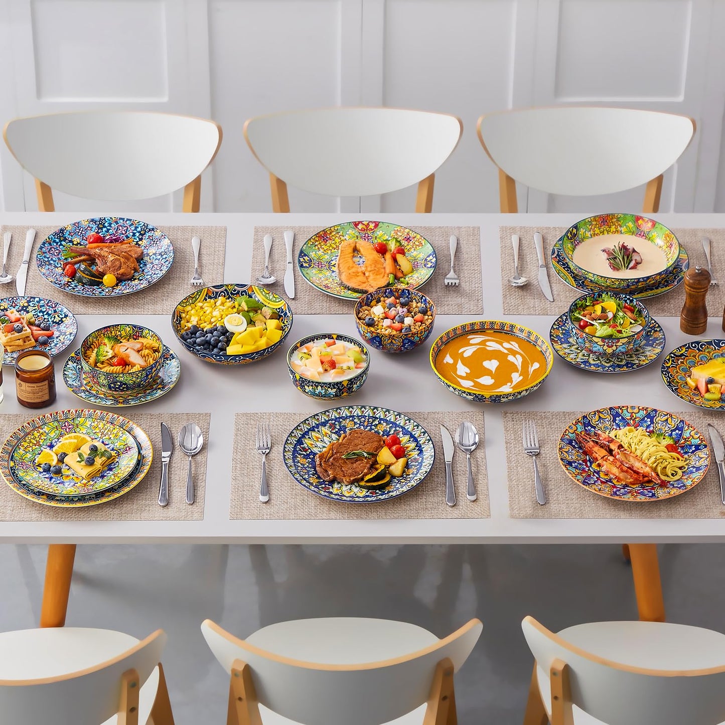 vancasso Juego de Vajilla Boho para 6 Personas, Vajillas Completas Coloridas de Porcelana de 24 Piezas – Incluye 6 Platos Llanos, 6 Platos de Postre, 6 Platos Hondos y 6 Cuencos de Cereales