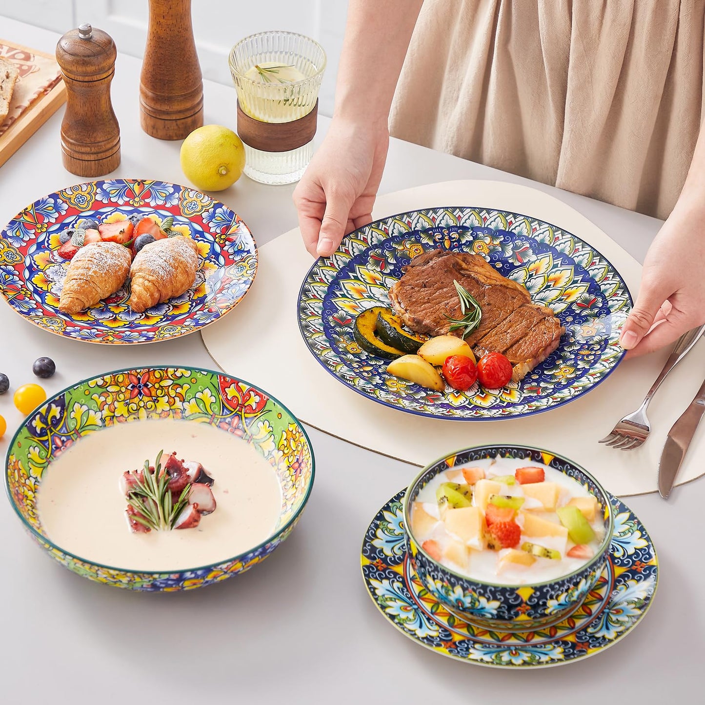 vancasso Juego de Vajilla Boho para 6 Personas, Vajillas Completas Coloridas de Porcelana de 24 Piezas – Incluye 6 Platos Llanos, 6 Platos de Postre, 6 Platos Hondos y 6 Cuencos de Cereales