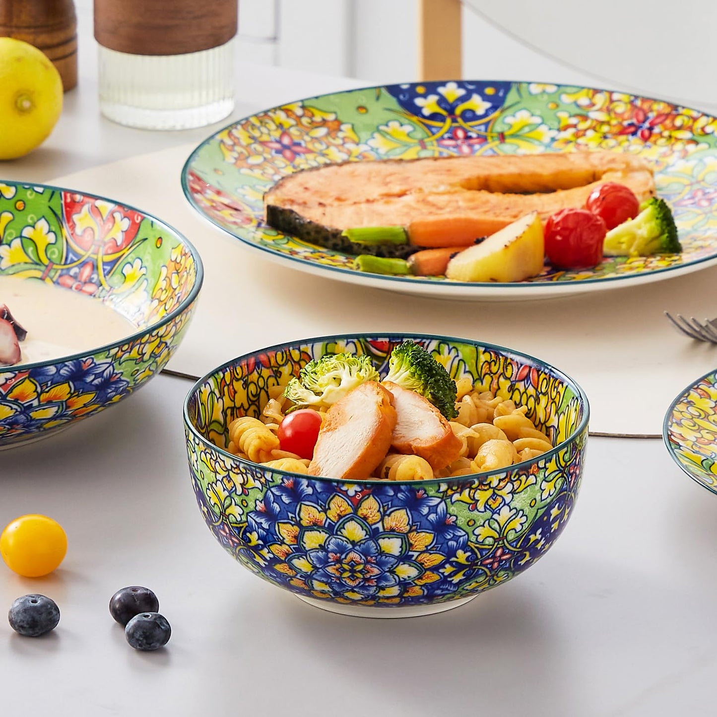 vancasso Juego de Vajilla Boho para 6 Personas, Vajillas Completas Coloridas de Porcelana de 24 Piezas – Incluye 6 Platos Llanos, 6 Platos de Postre, 6 Platos Hondos y 6 Cuencos de Cereales