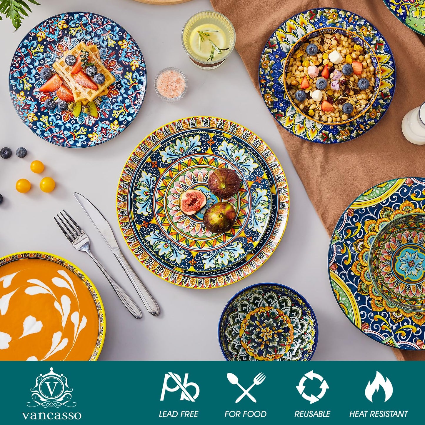 vancasso Juego de Vajilla Boho para 6 Personas, Vajillas Completas Coloridas de Porcelana de 24 Piezas – Incluye 6 Platos Llanos, 6 Platos de Postre, 6 Platos Hondos y 6 Cuencos de Cereales