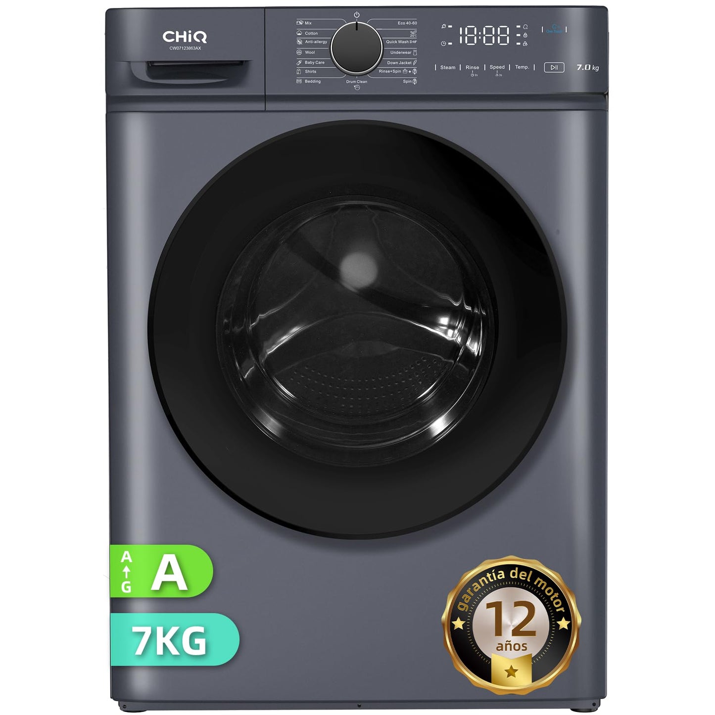 Lavadora CHiQ 7kg 1200rpm Inverter Vapor Gris