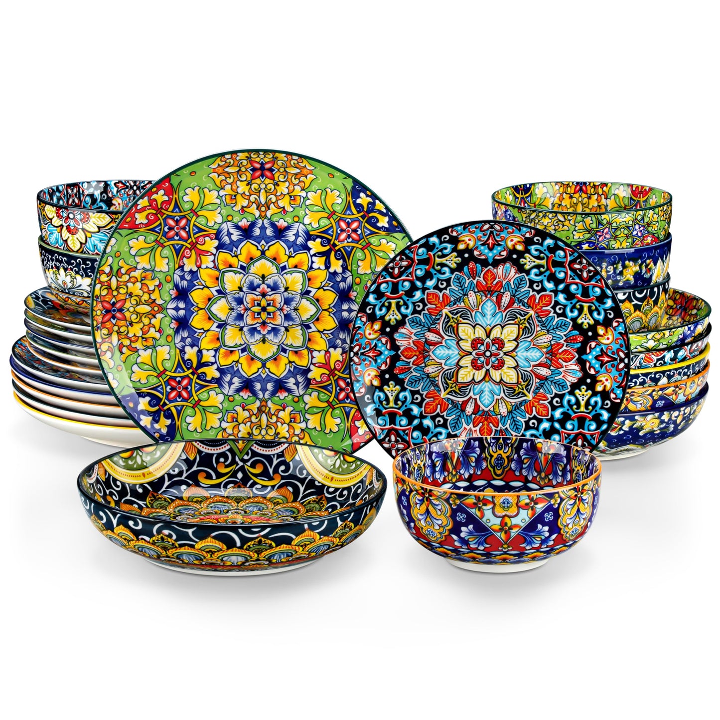 vancasso Juego de Vajilla Boho para 6 Personas, Vajillas Completas Coloridas de Porcelana de 24 Piezas – Incluye 6 Platos Llanos, 6 Platos de Postre, 6 Platos Hondos y 6 Cuencos de Cereales