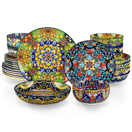 vancasso Juego de Vajilla Boho para 6 Personas, Vajillas Completas Coloridas de Porcelana de 24 Piezas – Incluye 6 Platos Llanos, 6 Platos de Postre, 6 Platos Hondos y 6 Cuencos de Cereales